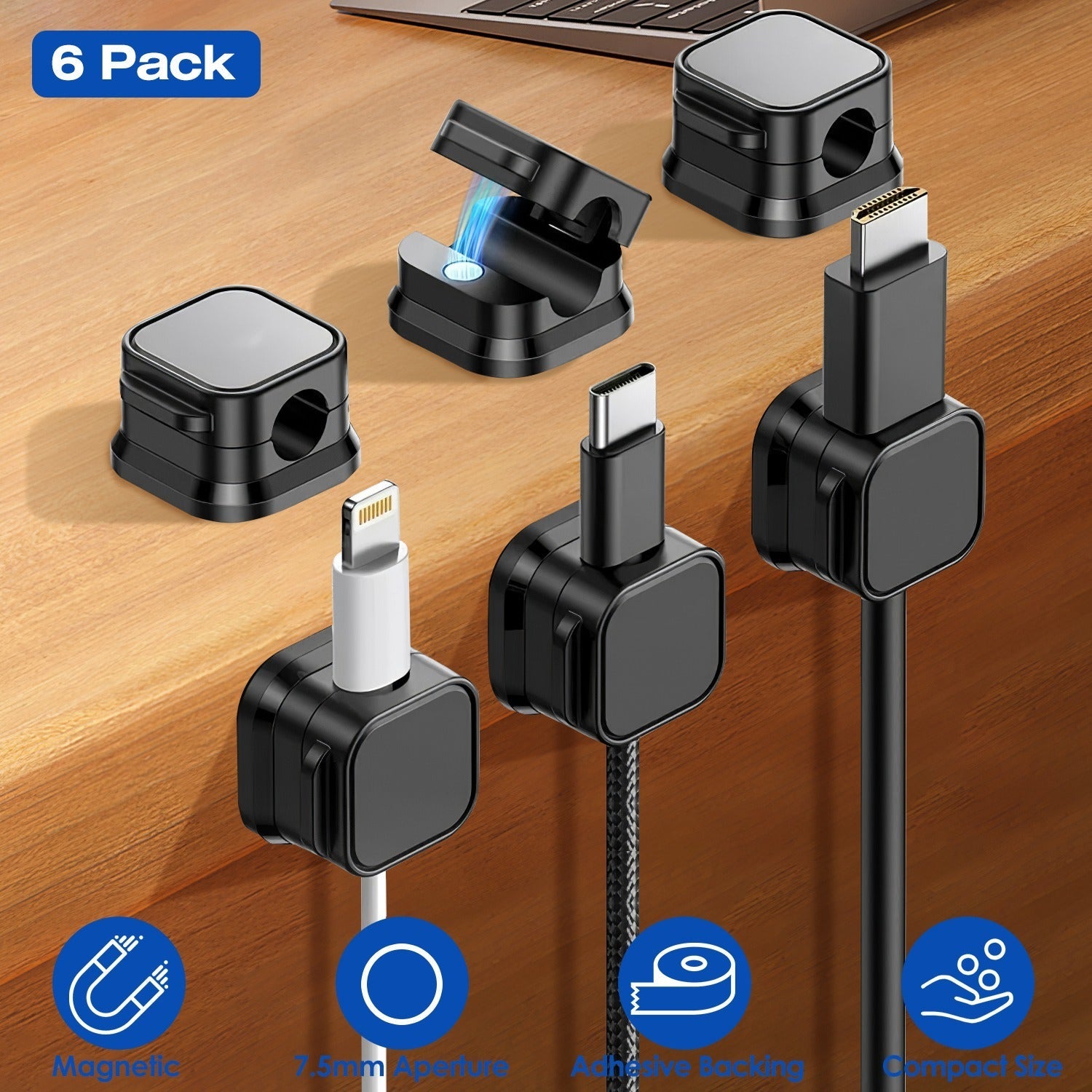 6-Pack Magnetic Cable Clips - Cord Organizer with Adhesive for Home, Office, Car, Desk, Nightstand & Wall - RoomWise