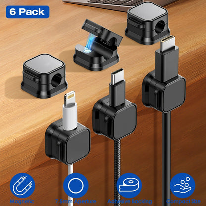 6-Pack Magnetic Cable Clips - Cord Organizer with Adhesive for Home, Office, Car, Desk, Nightstand & Wall - RoomWise