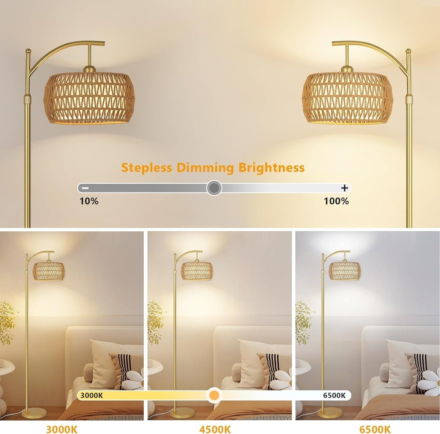 LED Gold Floor Lamp with Remote – 3 Color Temperatures & Stepless Dimming - RoomWise
