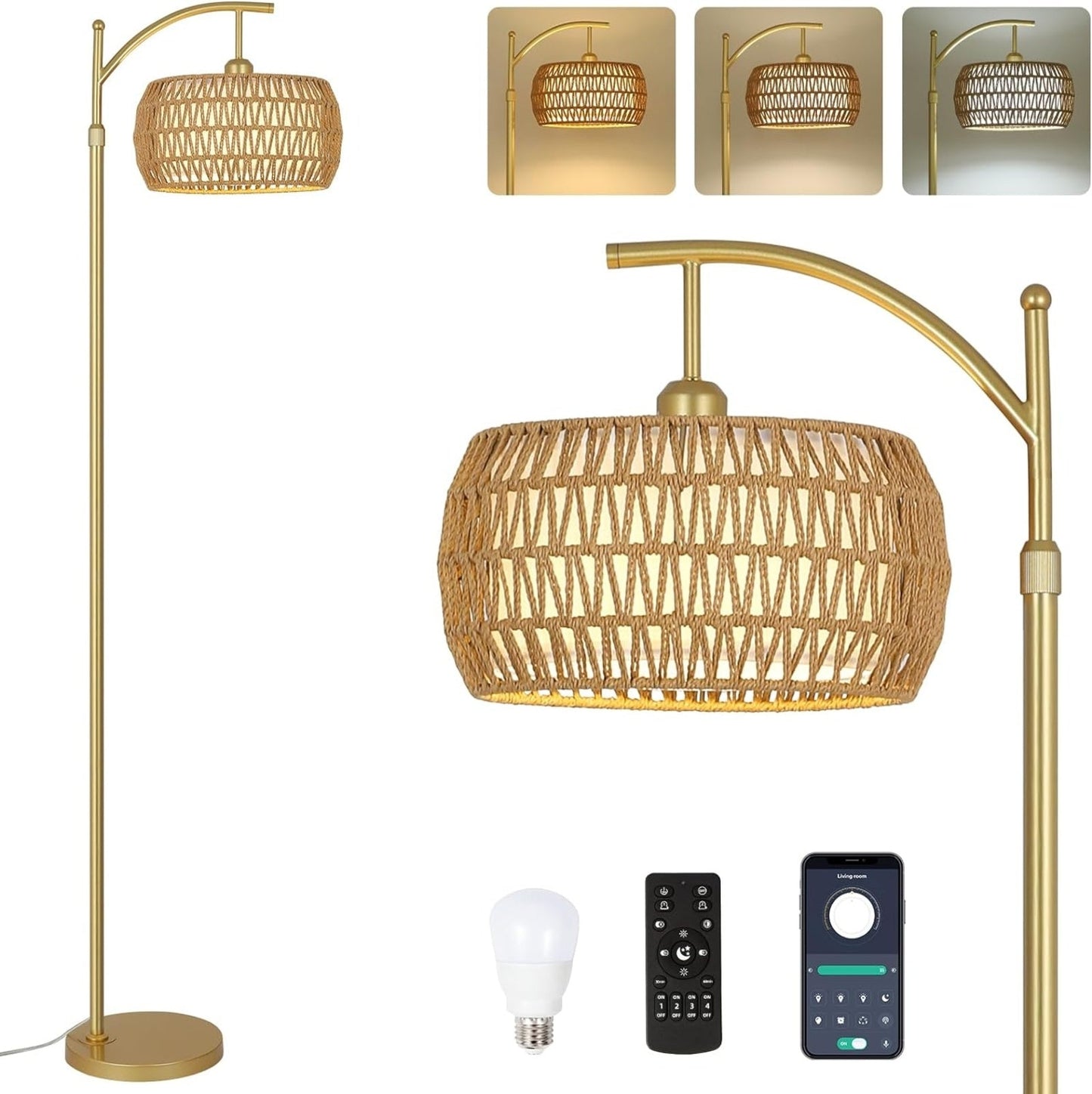 LED Gold Floor Lamp with Remote – 3 Color Temperatures & Stepless Dimming - RoomWise